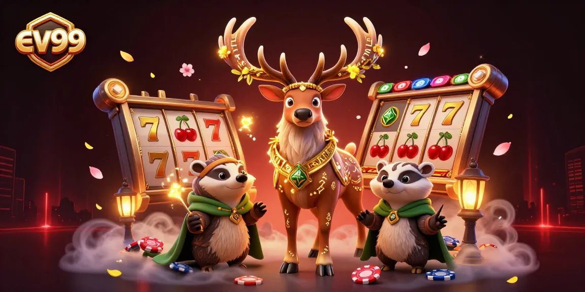 Experience the excitement of ev99 casino games with a colorful 3D illustration featuring a druid stag, mystical elements, and slot reels.
