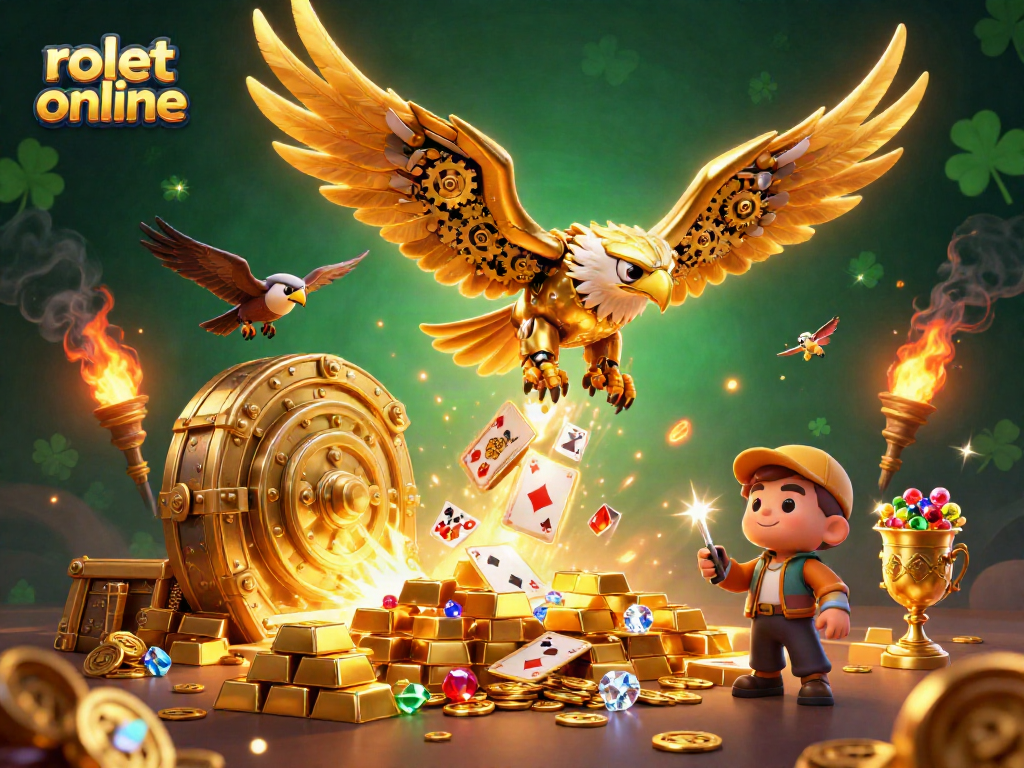 Experience excitement with rolet online in a vibrant casino scene featuring a flying eagle amidst glowing treasures.