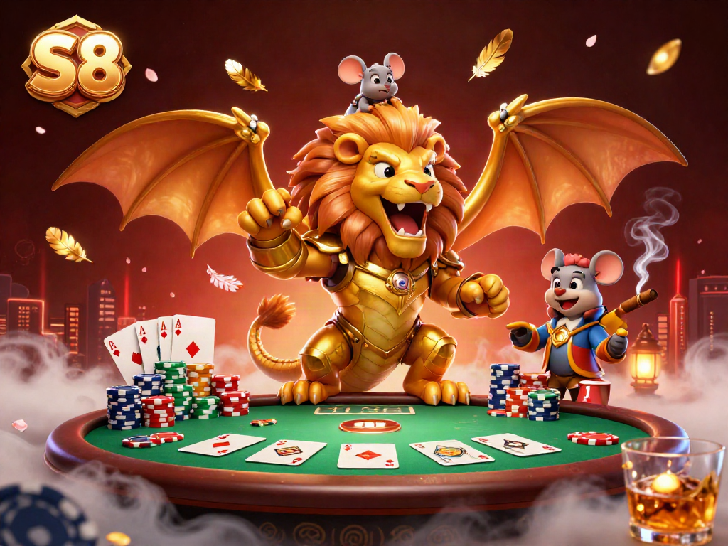 Engage with S8's thrilling poker scene featuring a triumphant chimera and vibrant casino elements.