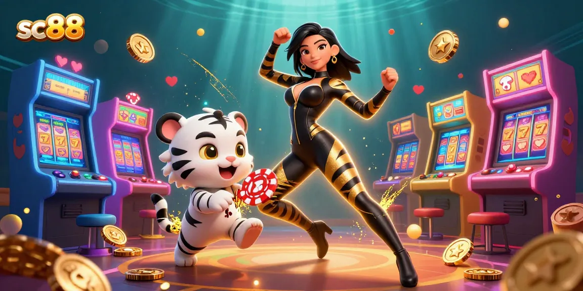 Experience thrilling games at SC88, featuring vibrant casino action with slot machines and a playful tiger.