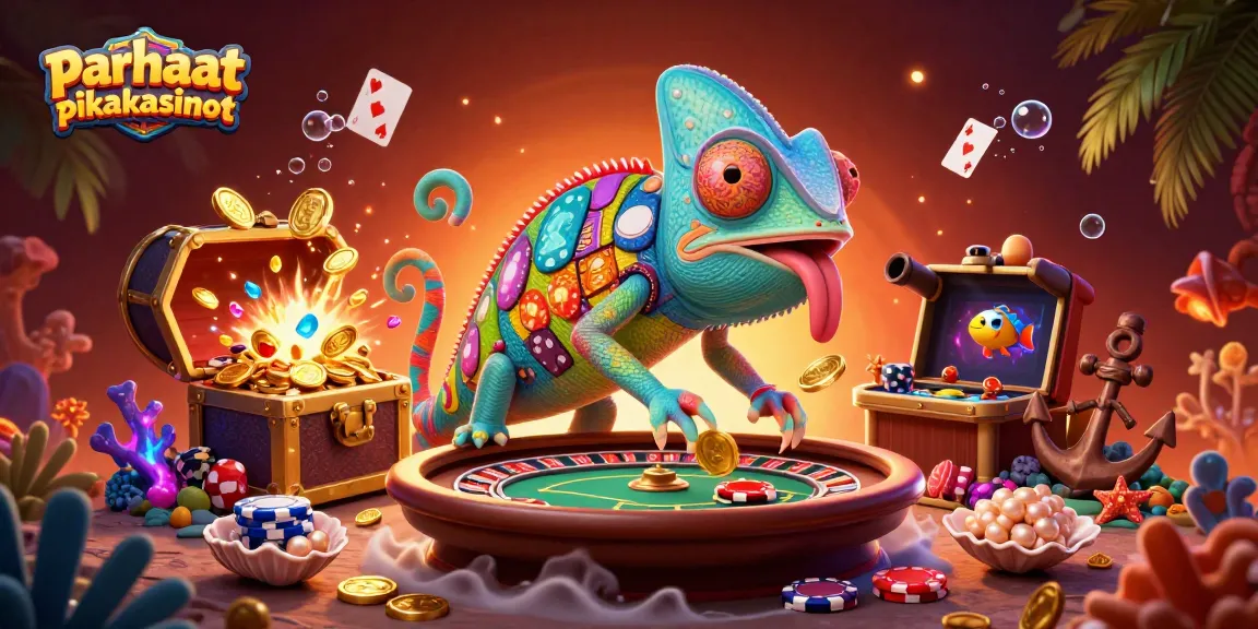 Experience the thrill of parhaat pikakasinot with a vibrant casino scene led by a colorful chameleon owner.