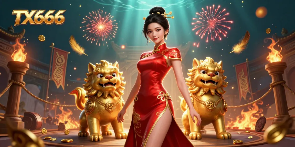 Experience the excitement of TX666 with a glamorous woman and golden foo dog guardians amidst spectacular fireworks.