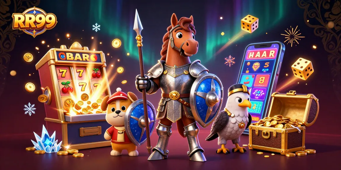 Engage with RR99's thrilling jackpot scene featuring a knight, squire puppy, and falcon in an exciting casino atmosphere.