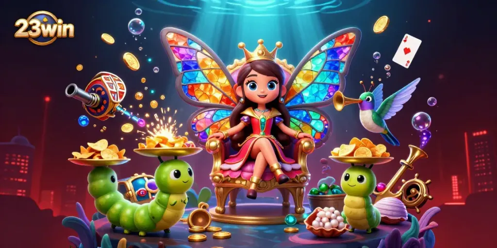 Engage with thrilling slots at 23win in a vibrant underwater casino scene filled with games and excitement.