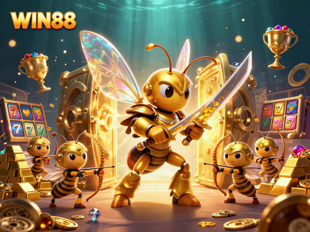 Experience thrilling WIN88 gaming adventures in a vibrant 3D casino scene filled with treasures and action.