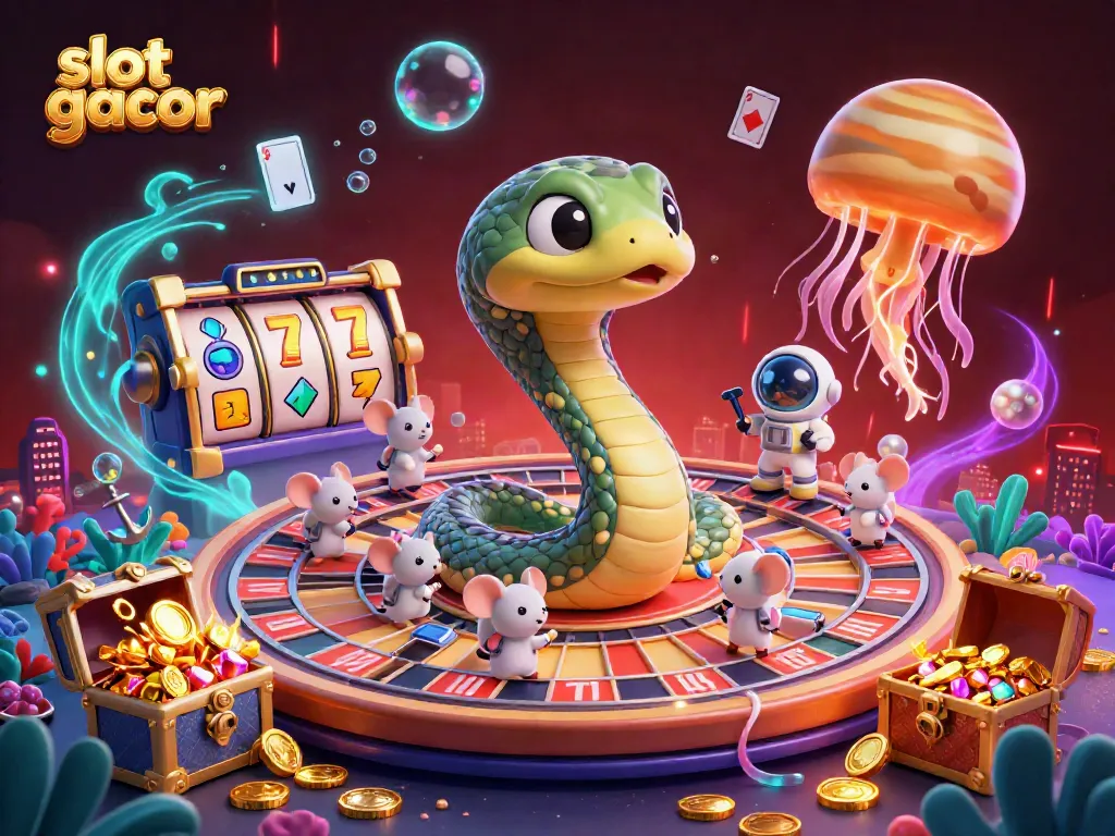 Engaging slot gacor gaming scene with coiled Saturn snake and betting mice for immersive casino action.