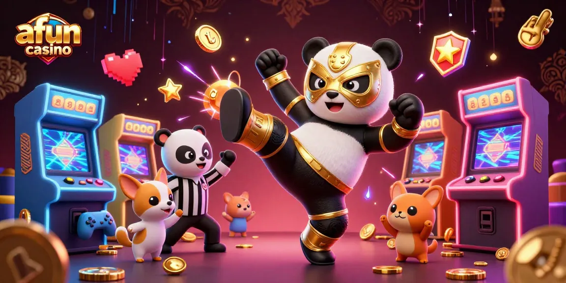 Afun casino features a dynamic scene of a panda wrestler kicking, surrounded by colorful gaming elements