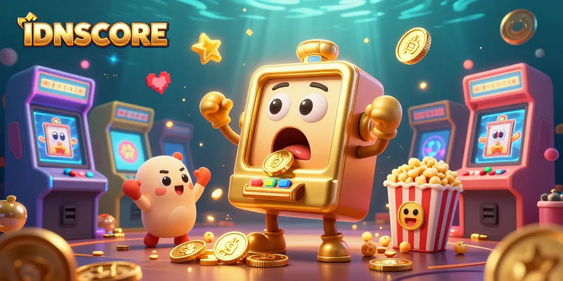IDNSCORE slot machine celebrates its jackpot surrounded by cheering machines and arcade elements.