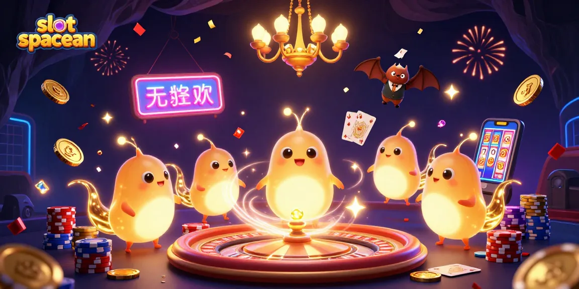 Experience the thrill of slot spaceman as glowworms light up a casino with cascading coins and colorful chips.