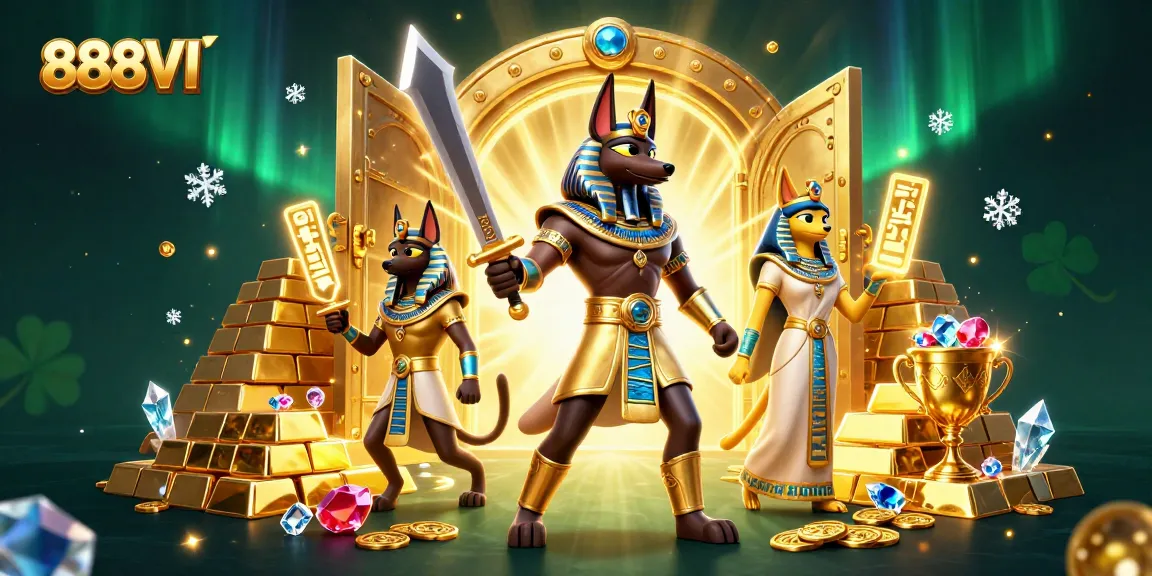 Engage with exciting 888VI gaming, featuring Anubis and Bastet amidst treasures and casino excitement.