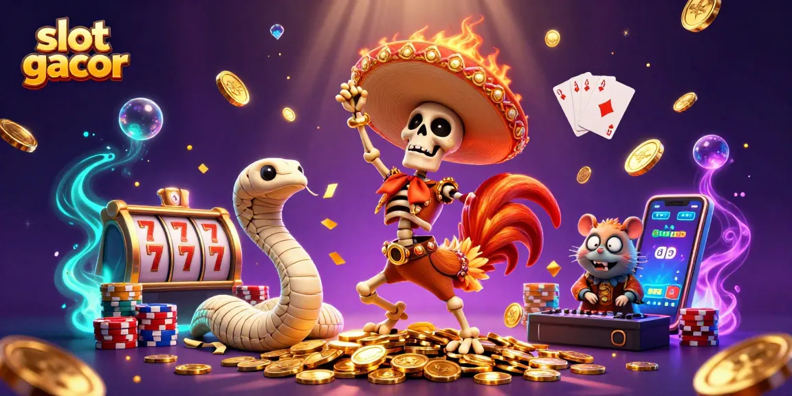 Cascade golden coins in dynamic slot gacor scene with fiery rooster, mummy snake, and DJ hamster celebrating wins.