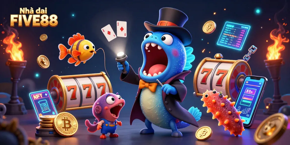 Engage with Nhà cái FIVE88 in this vibrant 3D casino scene featuring dynamic gaming elements.