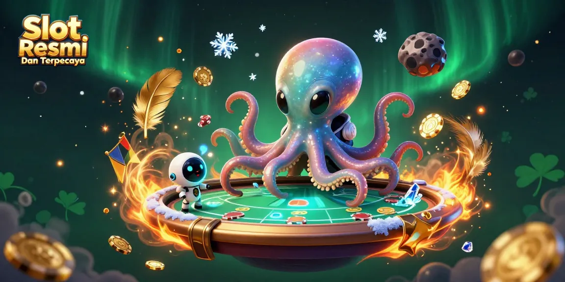 Engage in gaming excitement with Slot Resmi Dan Terpercaya while an alien octopus operates a holographic poker table surrounded by cosmic elements.