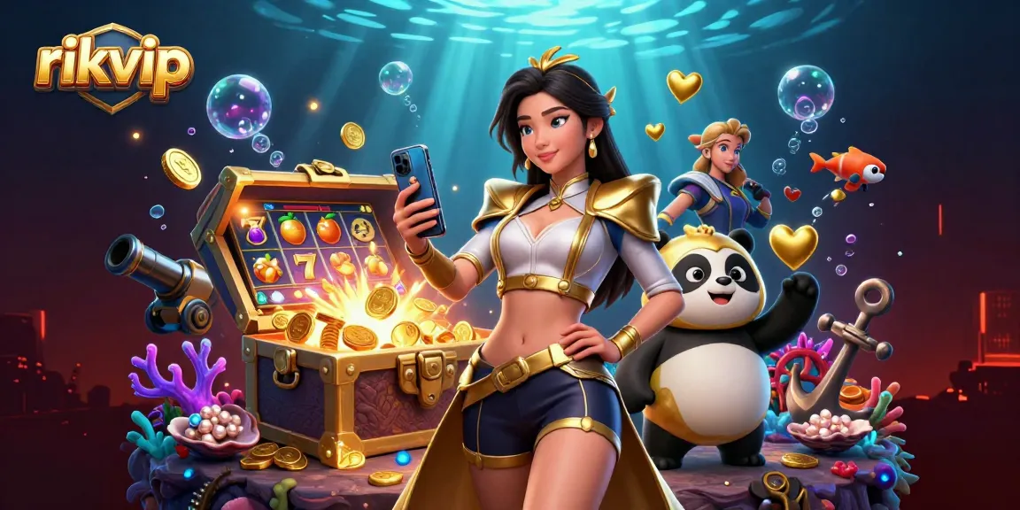 Spin to win at rikvip with exciting slot games surrounded by gold and fun elements.