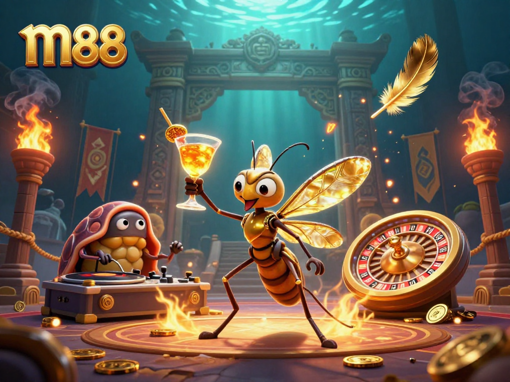 โลโก้ m88 และตัวละครจากคาสิโนในบรรยากาศที่เต็มไปด้วยสีสันและการเล่นเกม