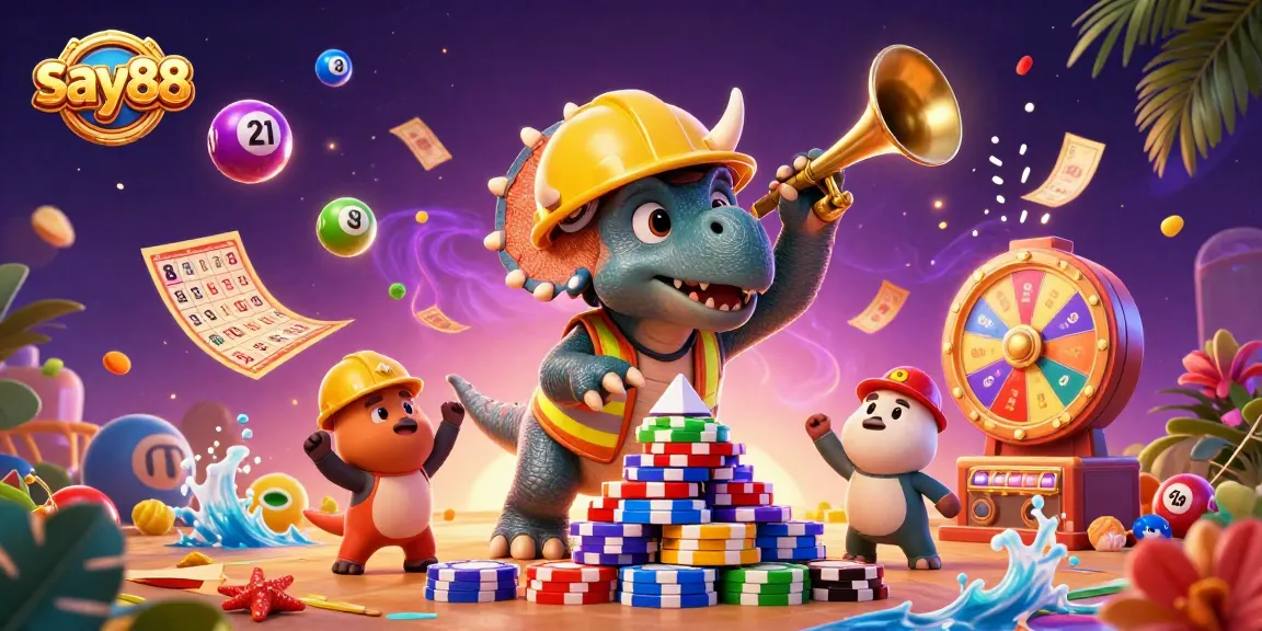 Experience say88's vibrant casino scene with animated dinosaurs celebrating a jackpot.