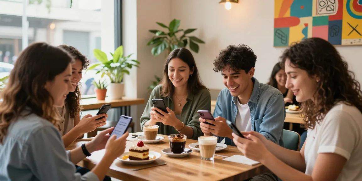 Group of friends enjoying lively conversation over شات تعب with coffee and desserts in a cozy cafe.