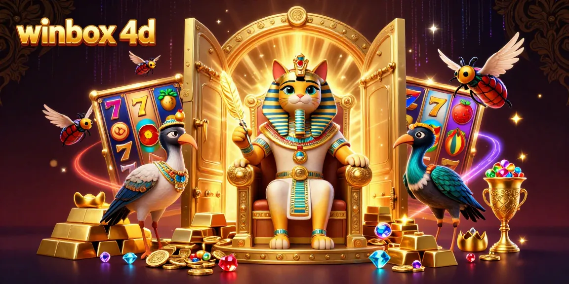 Winbox 4D showcases a 3D Egyptian pharaoh cat among slot visuals and treasures.