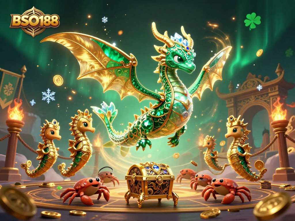 Engage in vibrant BSO188 gameplay with emerald sea dragons and treasure chests in a dynamic casino scene.