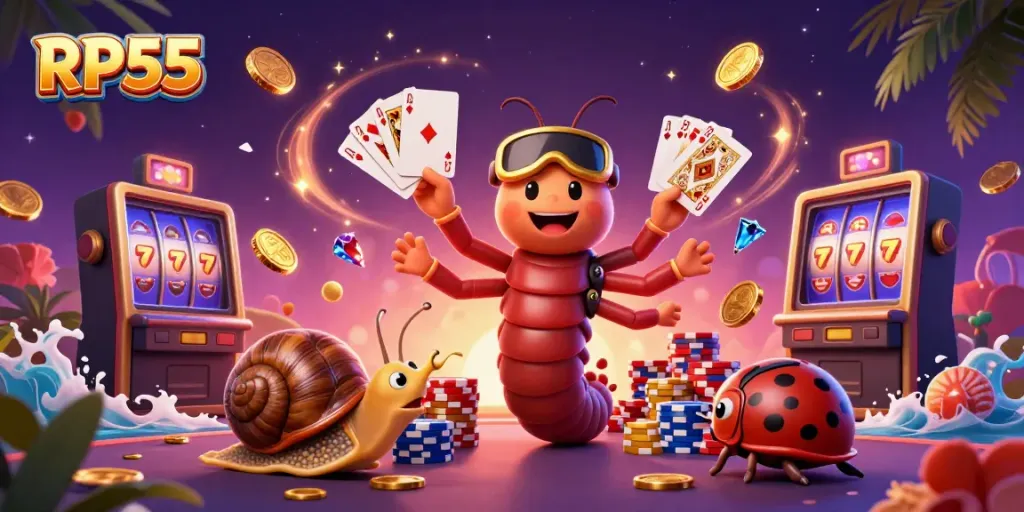Experience the excitement of RP55 with unique characters in a vibrant casino scene.