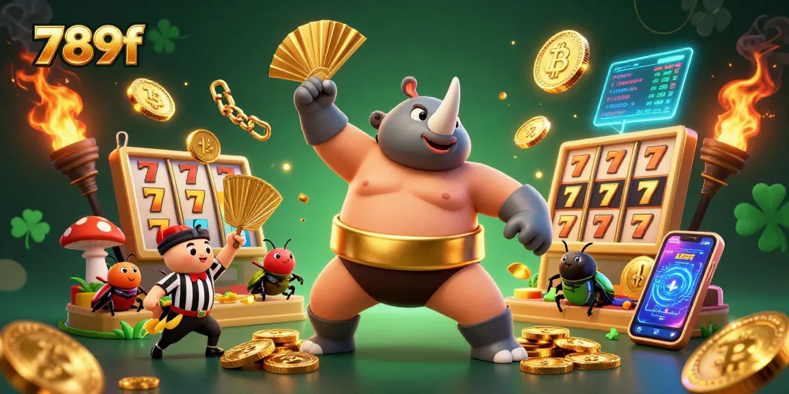 Experience exhilarating action at 789f with a cartoon beetle champion stomping and launching coins in a vibrant casino scene.