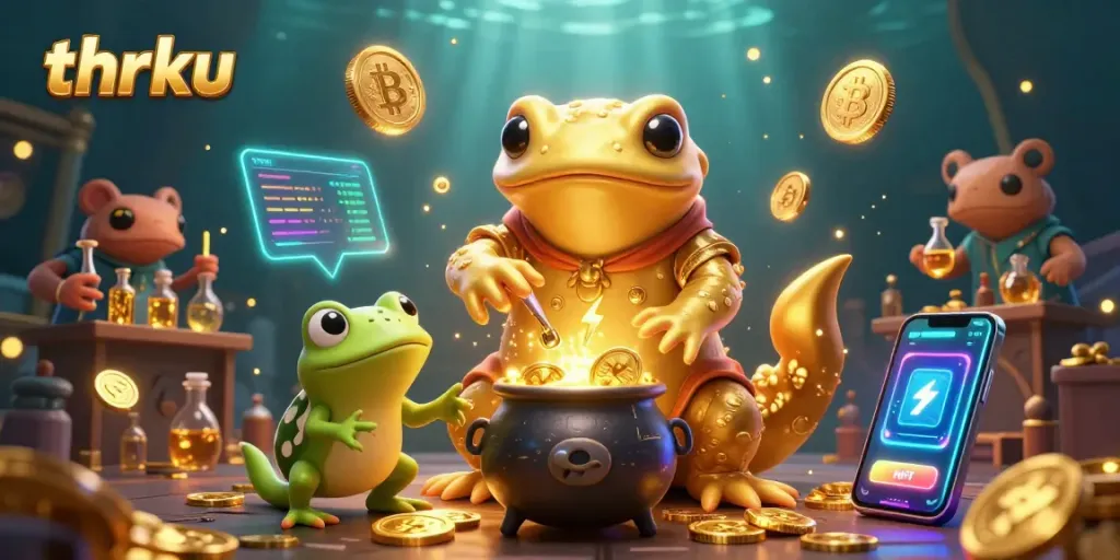 Engage in thrilling gameplay with thrku, featuring a fantasy casino scene full of gold coins and digital assets.