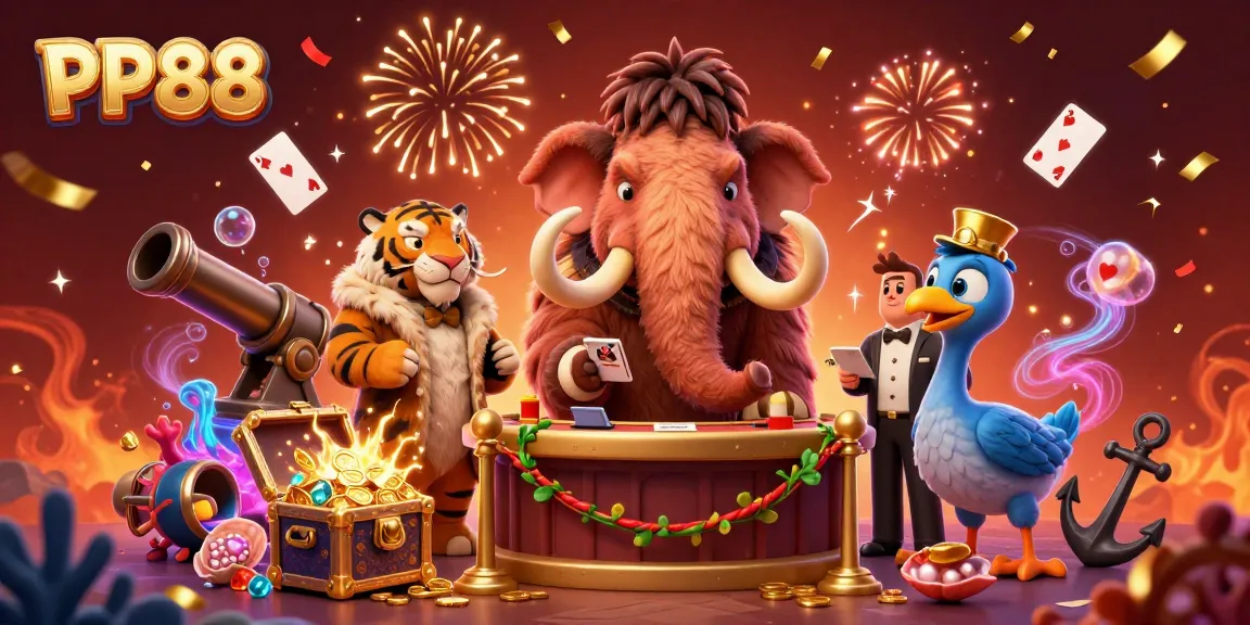 Experience the thrill of PP88 as a woolly mammoth bouncer checks IDs in a vibrant casino scene.