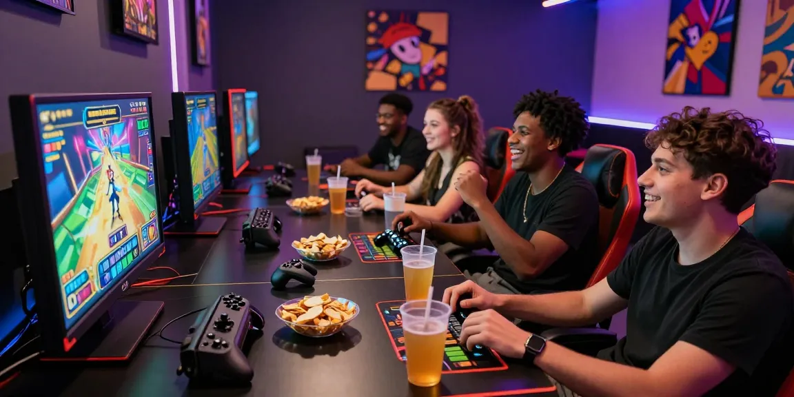 Diverse friends enjoying a Pajaktoto gaming session in a vibrant lounge, showcasing excitement and fun.