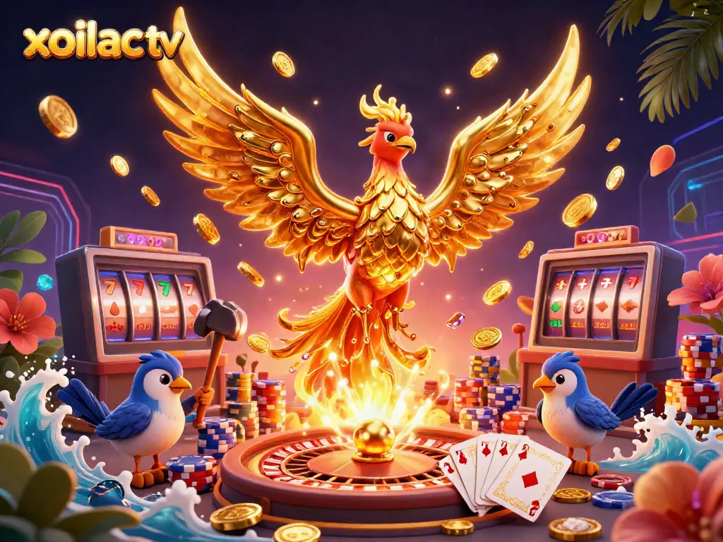 Experience the thrill of gambling with xoilac tv's dazzling depiction of a molten phoenix amidst coins and gaming elements.