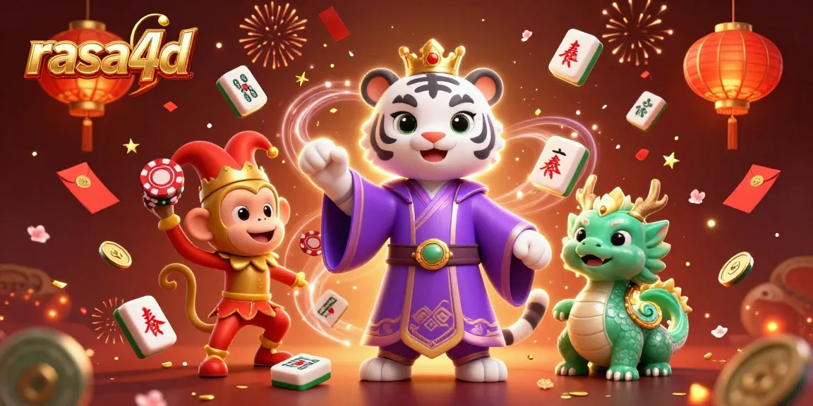 Menggoda pemain dengan rasa4d, harimau putih 3D elegan dan monyet emas juggling chip poker di latar belakang kasino.