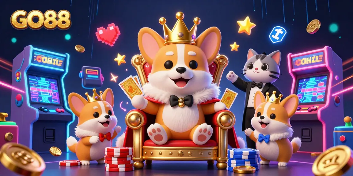 Engage with GO88's thrilling casino world featuring a royal corgi on poker chips surrounded by colorful game elements.