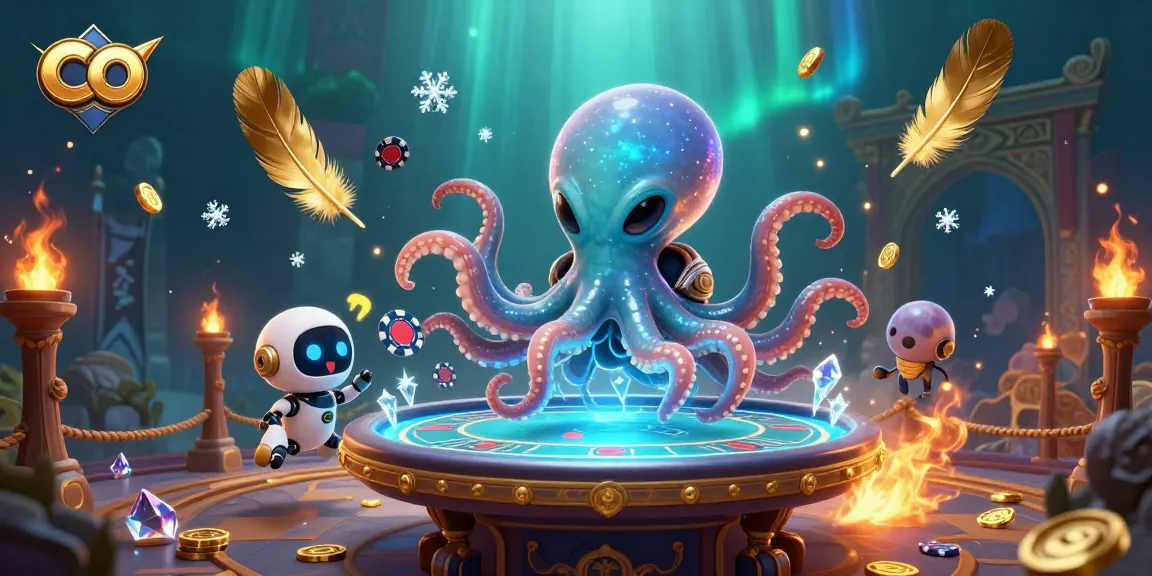 Play poker at co with an octopus dealer in a vibrant, cosmic casino setting.
