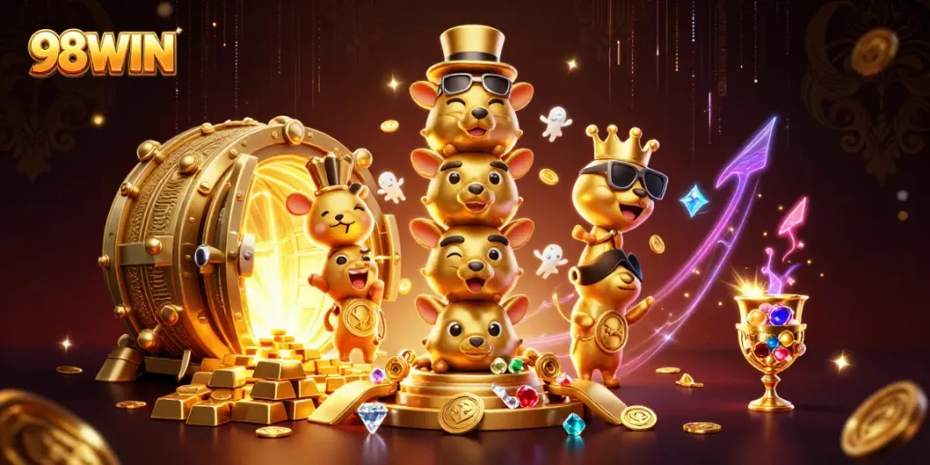 Win big at 98WIN with vibrant characters and golden treasures in this thrilling casino scene.