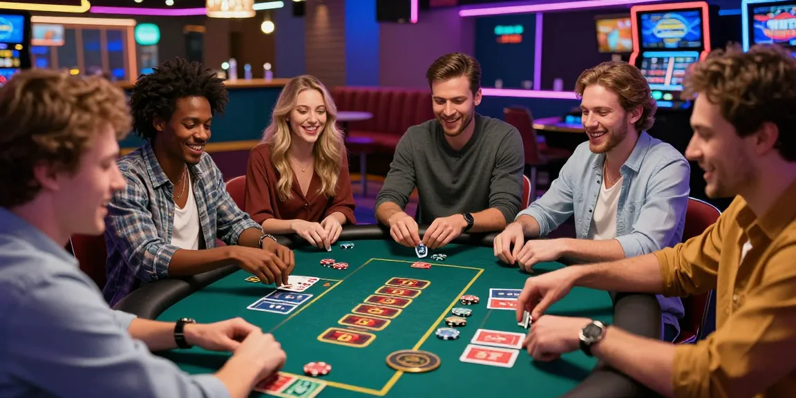 LUCK8 casino scene with friends celebrating at a gaming table, showcasing excitement and modern betting.