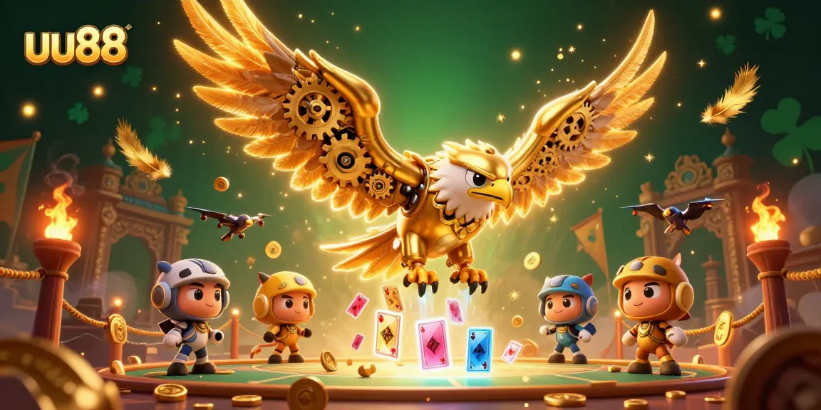 Experience the thrill of uu88 with a dynamic golden eagle diving through holographic cards.