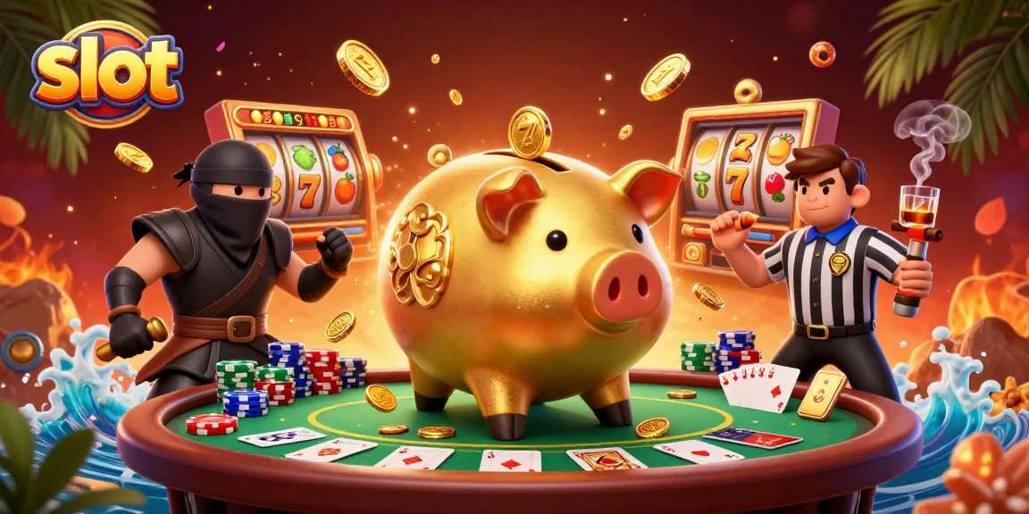 Spin the slot reels with a lively 3D piggy bank and colorful casino elements.