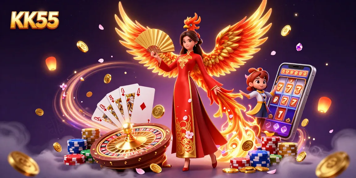 Win big with KK55's thrilling gaming experience featuring vibrant casino elements.