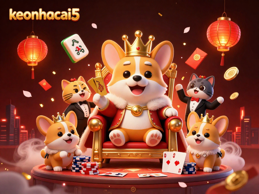 Engage in exciting gaming adventures at keonhacai5 with a colorful royal corgi and vibrant casino elements.