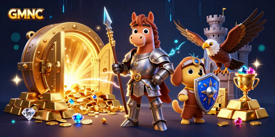 Engage with GMNC through a vibrant 3D scene showcasing characters amidst a treasure vault and gambling elements.