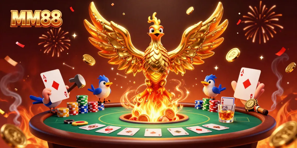 Experience thrilling gameplay at MM88 with a dynamic illustration of a golden phoenix showcasing casino elements.