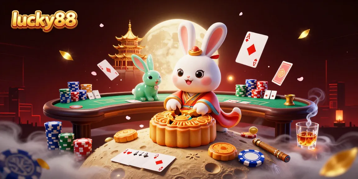 Experience the excitement of lucky88 with a vibrant casino scene featuring moon rabbits and poker elements.
