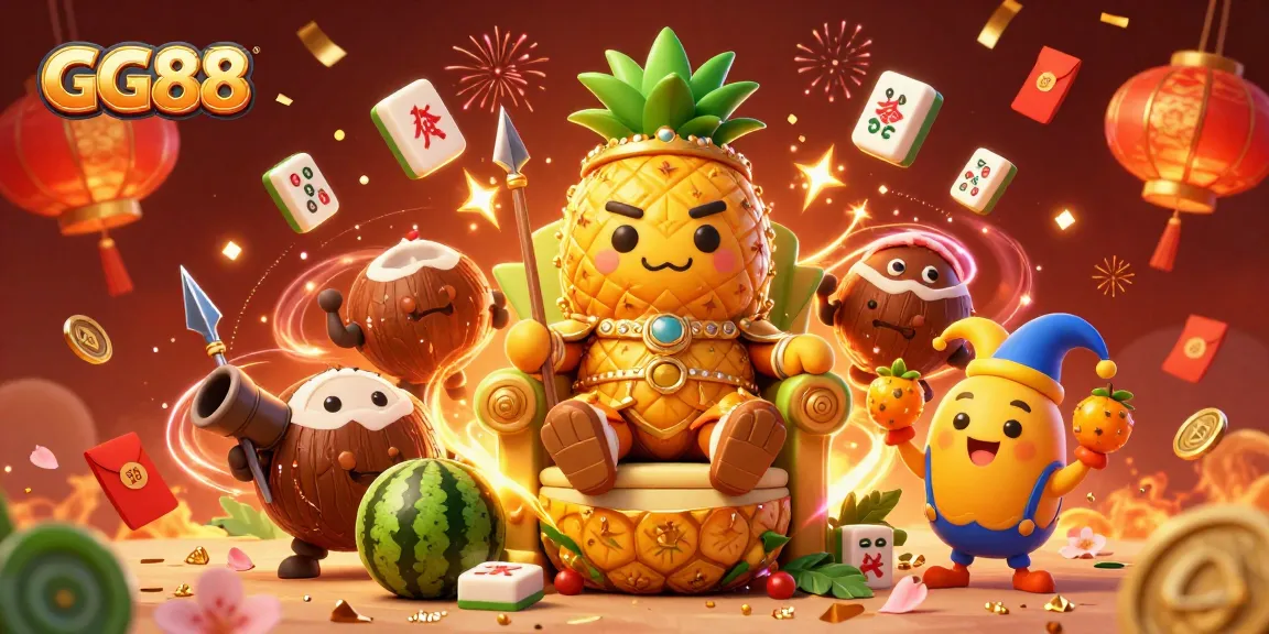 Engage in lively gaming action with GG88's colorful casino illustration depicting a golden pineapple king and festive elements.