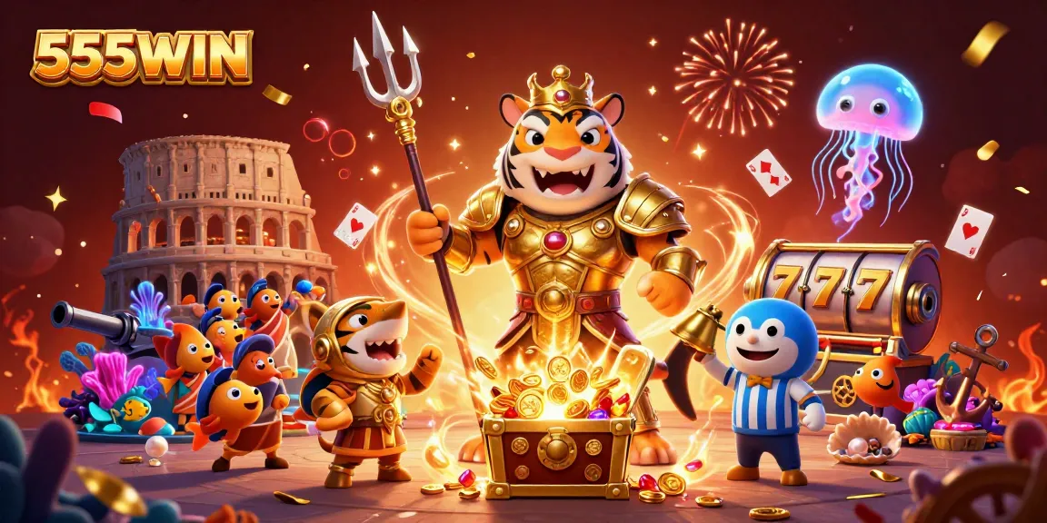 Experience excitement and winnings with 555WIN as cartoon characters animate in an underwater casino world.