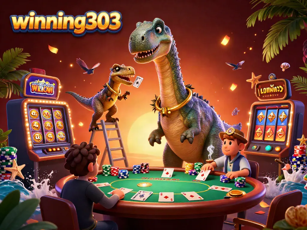 Experience exciting play at winning303 with a giant brontosaurus and clever raptor in a bustling casino environment.