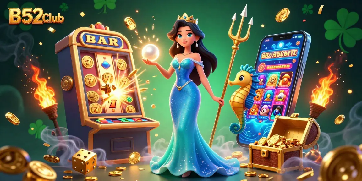 B52Club showcases an exciting underwater casino scene featuring a woman and seahorse king amidst exploding jackpots and vibrant gaming elements.