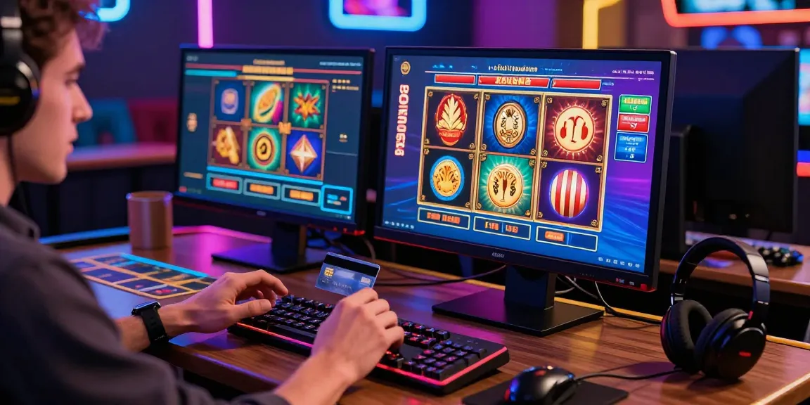 Excited player engaging with credit card casinos while depositing funds on a colorful gaming interface.