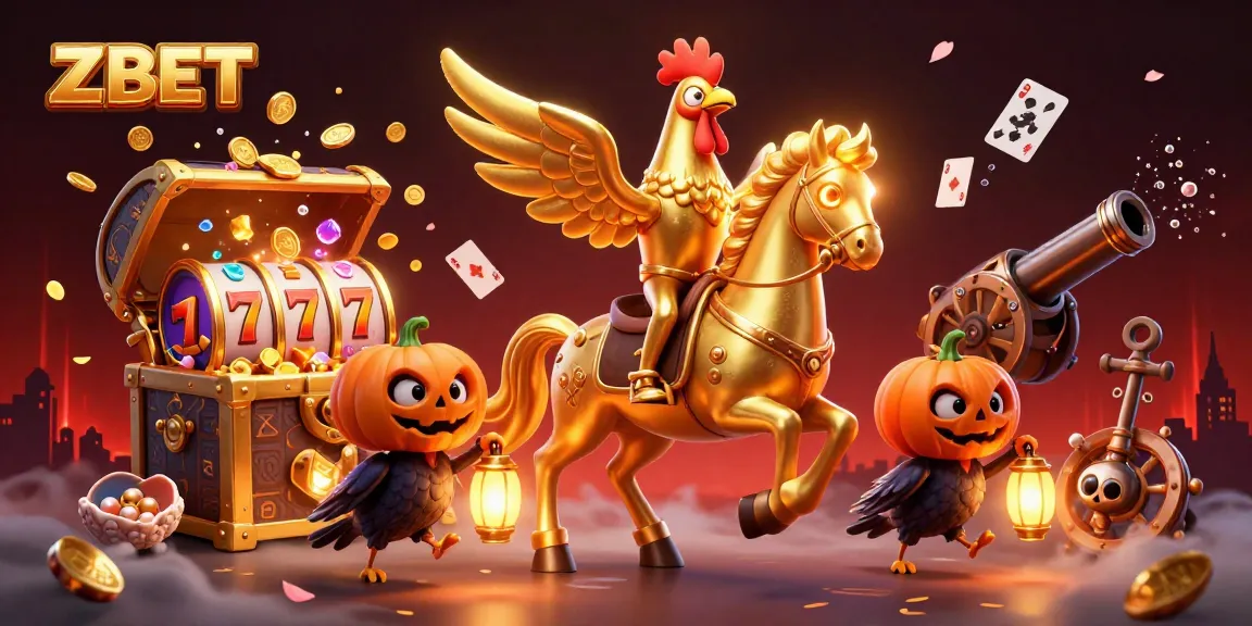 ZBET showcases an exciting casino scene with a golden rooster and treasure elements for gamblers.