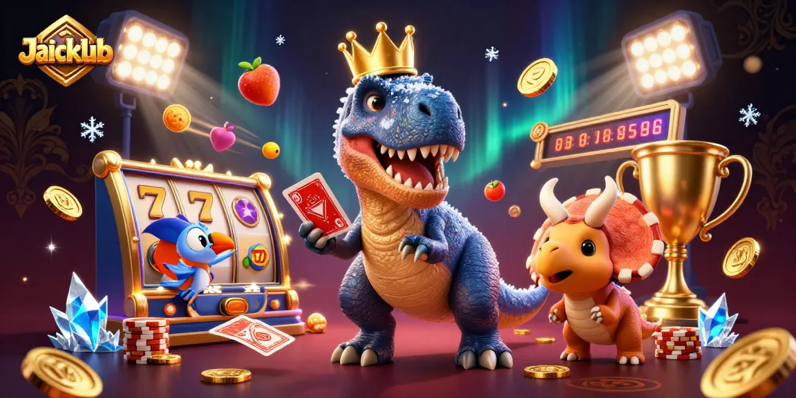 Jaiclub offers exciting slot games with a T-Rex character playing cards and a pterodactyl assistant.