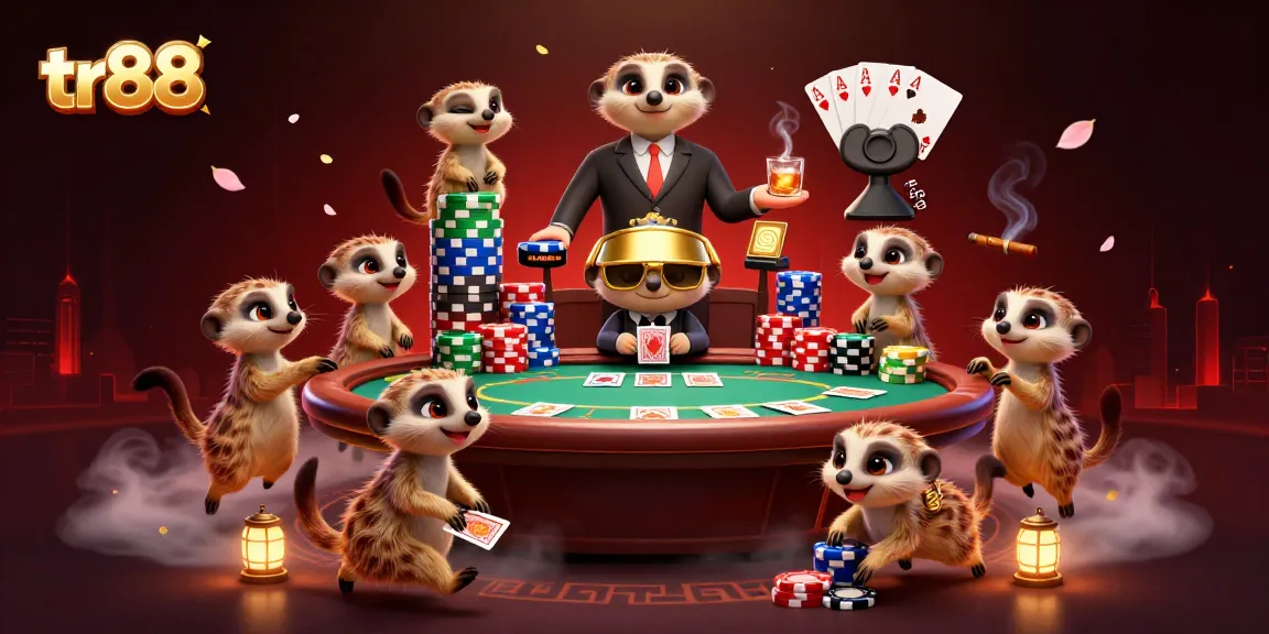 Engage with tr88's vibrant casino atmosphere featuring meerkats in a fun poker scene.