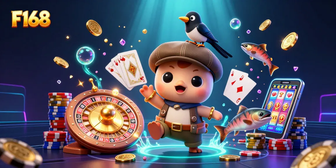 Engage with the vibrant F168 gaming world, featuring delightful characters and dynamic casino elements.